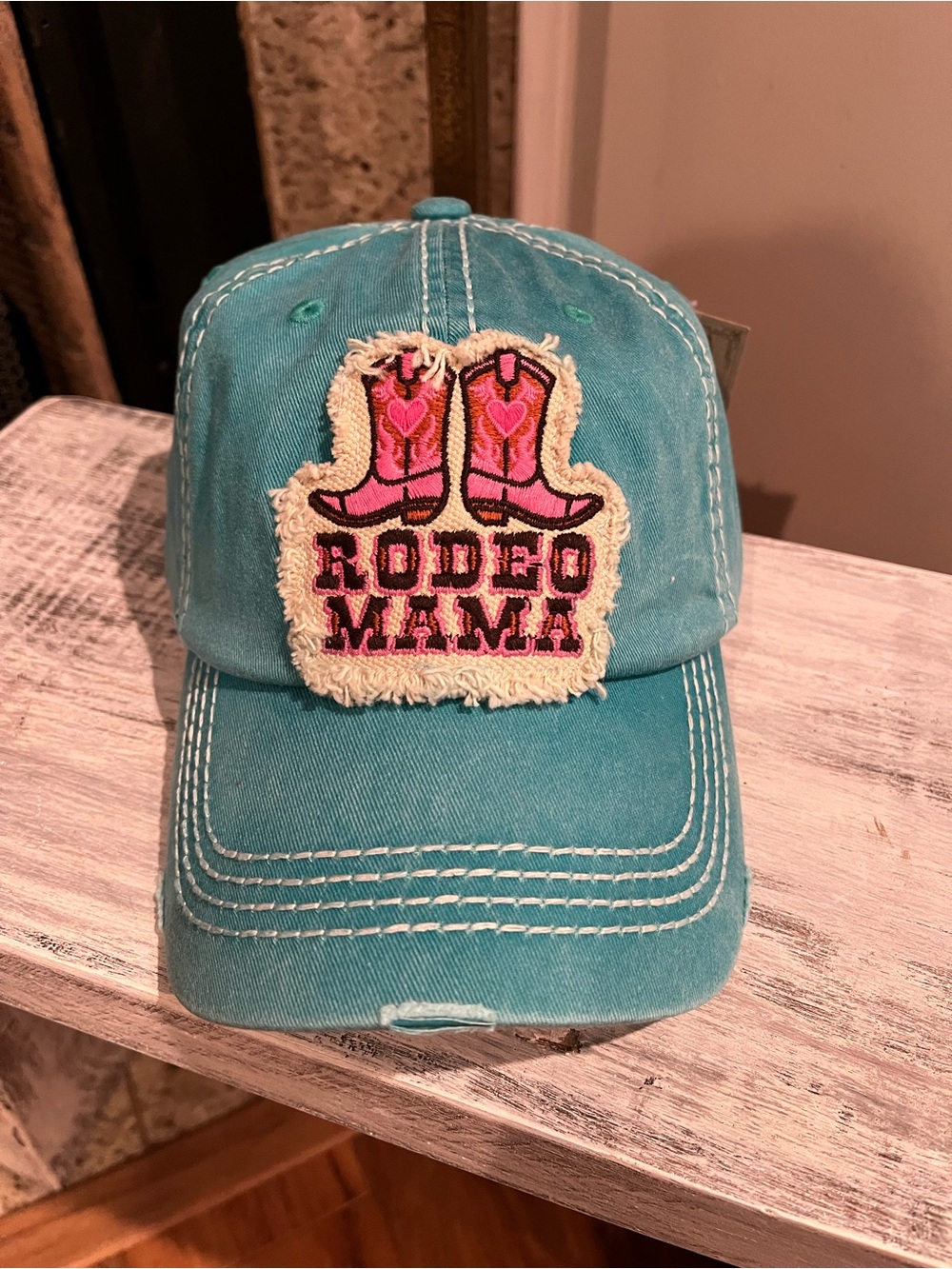Rodeo Mama Turquoise Baseball Cap with Pink Boot Patch